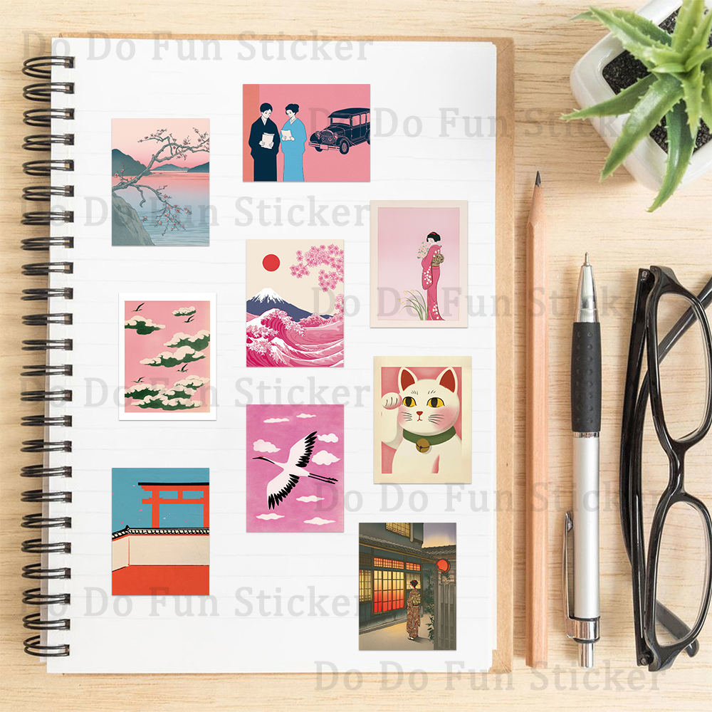 AliExpress 50PCS Retro Pink Japanese Aesthetic Art Stickers Red Sun Cherry Blossoms Waves Fuji Mountain Creative Beautiful Waterproof Decor, view 6