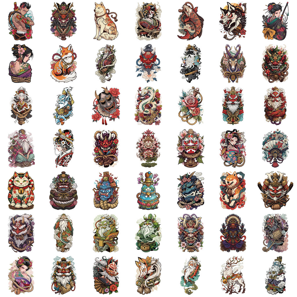 AliExpress 50pcs Transparent Japanese Tattoo Art Stickers - Waterproof PET Decals for Scrapbooking, Guitar & Laptop Decoration, view 5