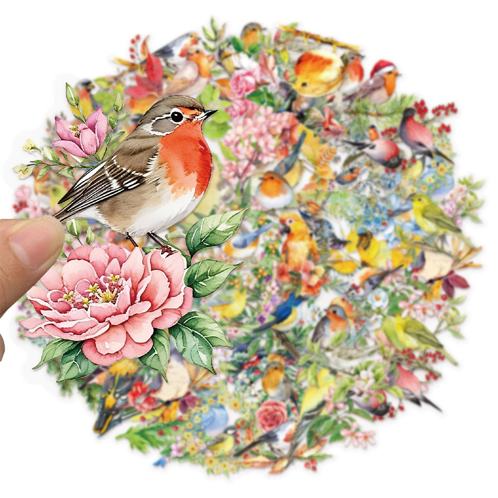 AliExpress 50PCS Water Splash Watercolor Bird Sticker Pack Waterproof Transparent PET Brochure Flower Material Guitar Waterproof Stickers, view 2