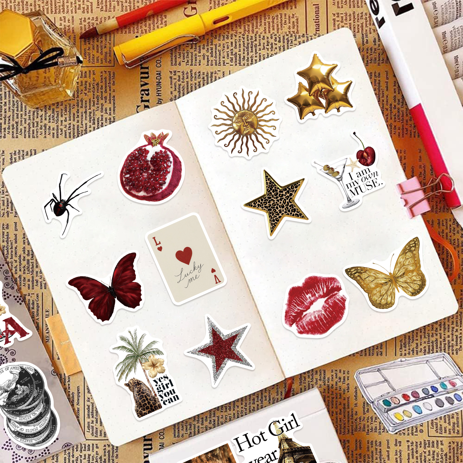 AliExpress 50pcs Y2k Stickers Gold&Red Lucky Girls DIY PVC Stickers Scrapbooking Phone Luggage Skateboard Waterproof Coquette Decals, view 2