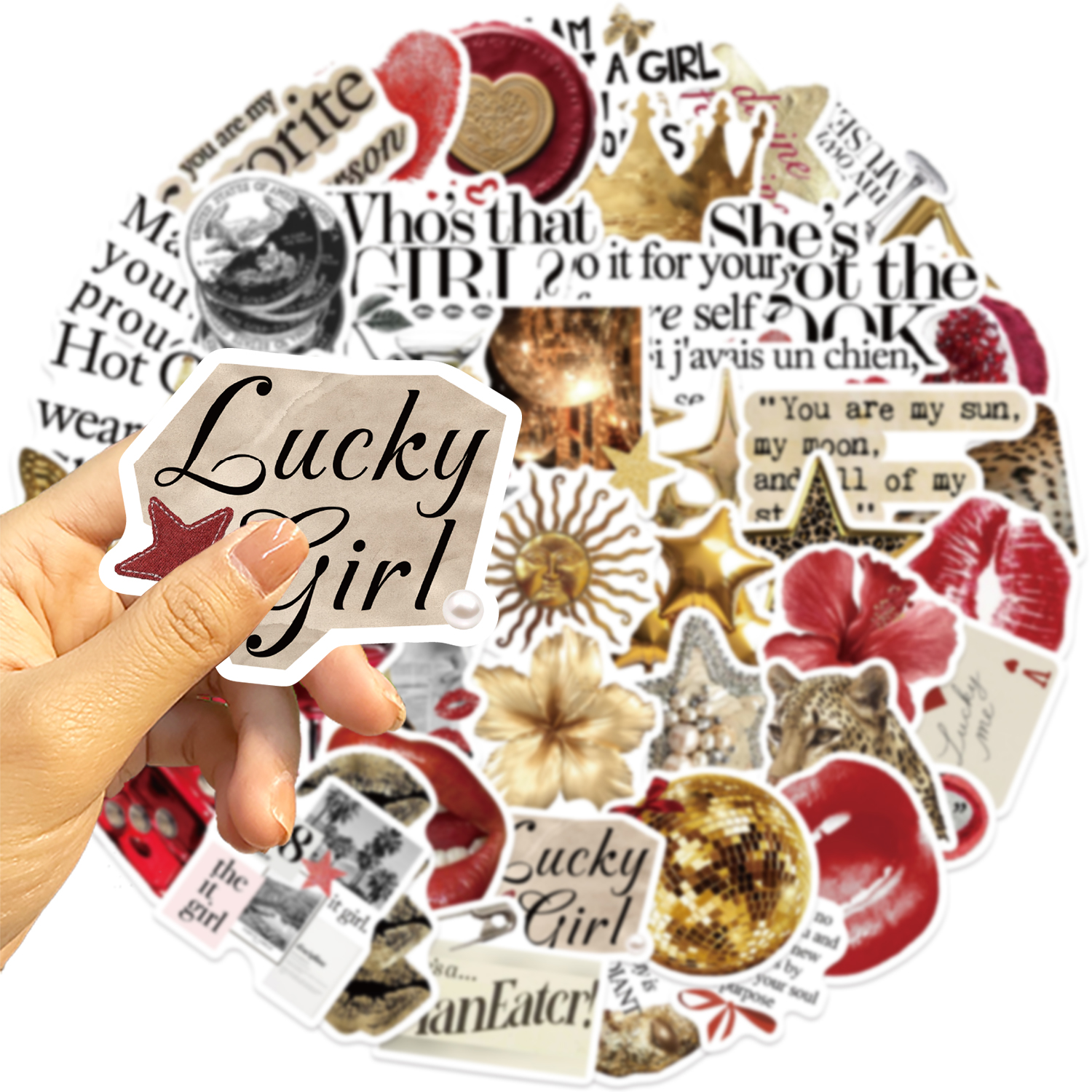 AliExpress 50pcs Y2k Stickers Gold&Red Lucky Girls DIY PVC Stickers Scrapbooking Phone Luggage Skateboard Waterproof Coquette Decals, view 4