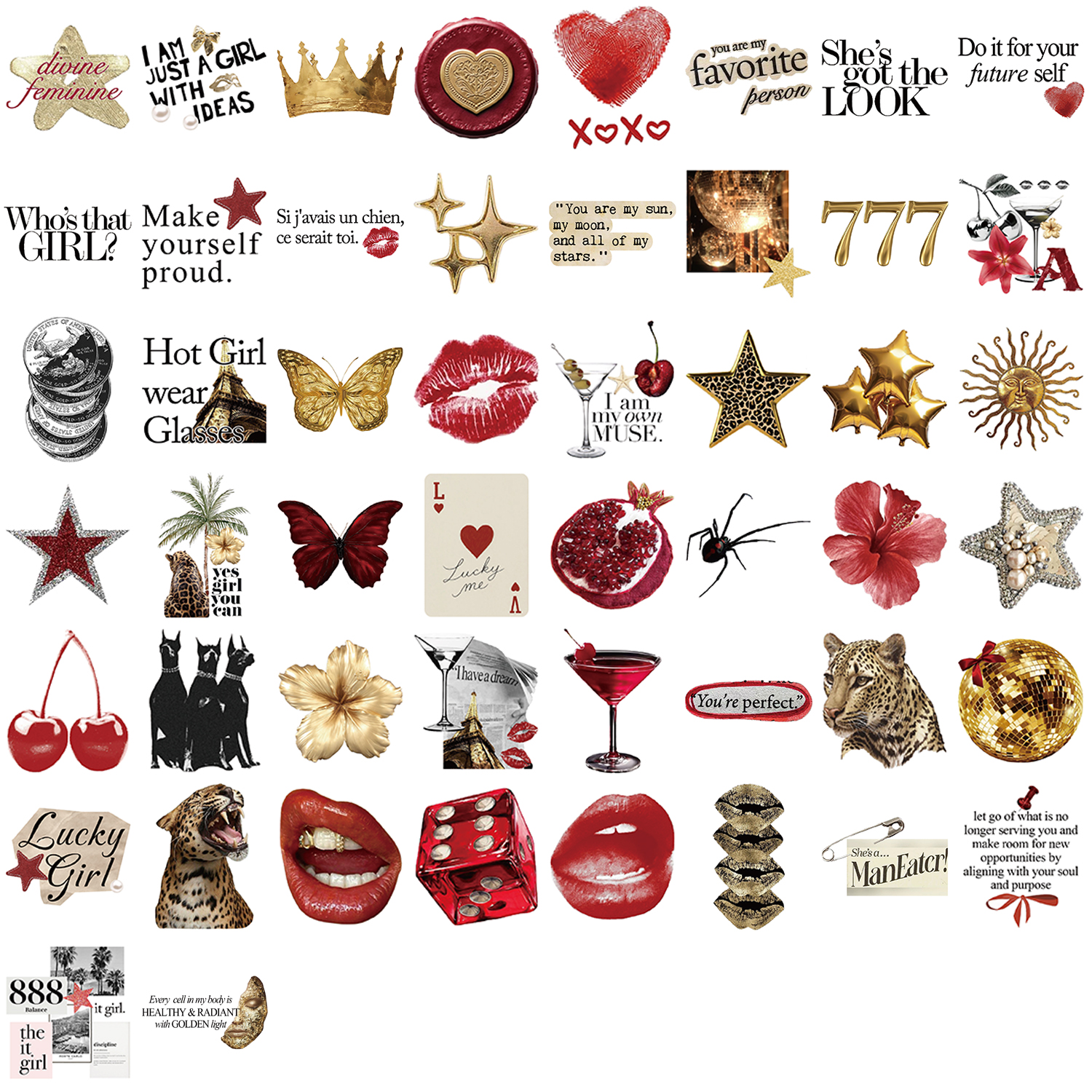 AliExpress 50pcs Y2k Stickers Gold&Red Lucky Girls DIY PVC Stickers Scrapbooking Phone Luggage Skateboard Waterproof Coquette Decals, view 6