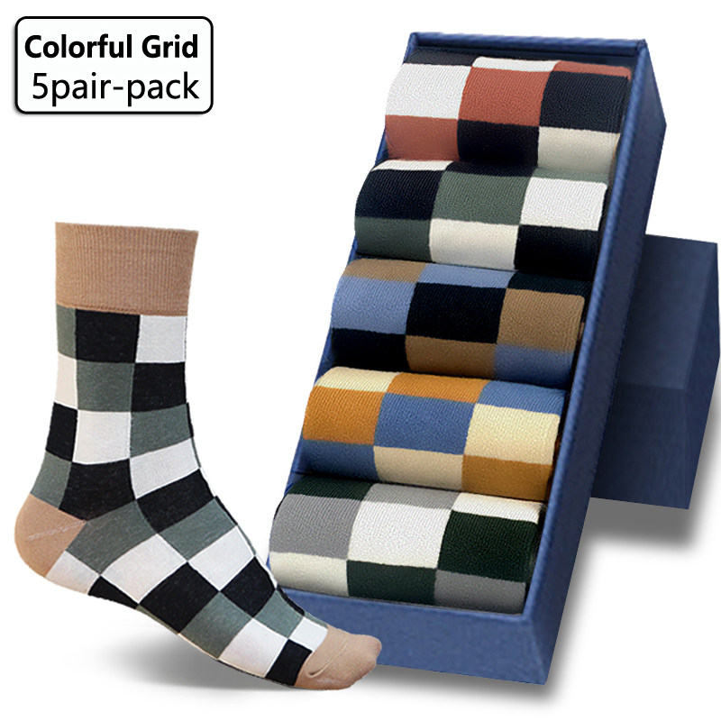 AliExpress 5Pair-pack New Men's Socks Colorful Grid Sock Casual Business High Quality Happy Combed Cotton Socks Fashion Gentleman Socks Men