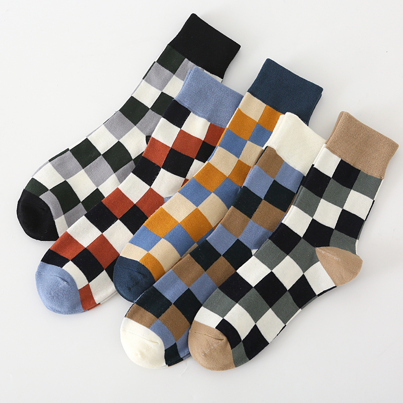 AliExpress 5Pair-pack New Men's Socks Colorful Grid Sock Casual Business High Quality Happy Combed Cotton Socks Fashion Gentleman Socks Men, view 3