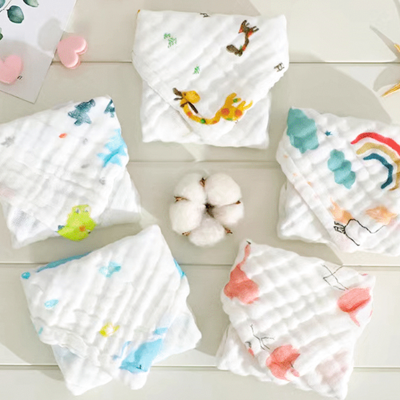 AliExpress 5pcs children's six layer pure cotton washed printed square towel 25cm*25cm, view 2