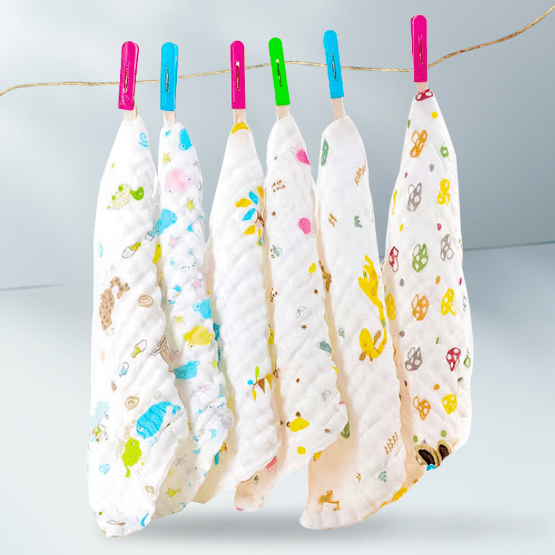 AliExpress 5pcs children's six layer pure cotton washed printed square towel 25cm*25cm, view 5