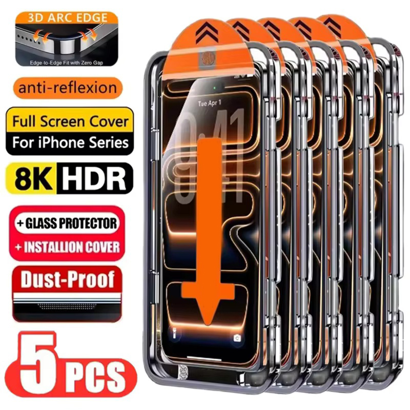 AliExpress 5PCS Easy Install HD Screen Protector For iPhone 17 16 13 Pro Max 11 15 14 16e 12 Mini XR X Xs 7 8 Plus Air Tempered Glass