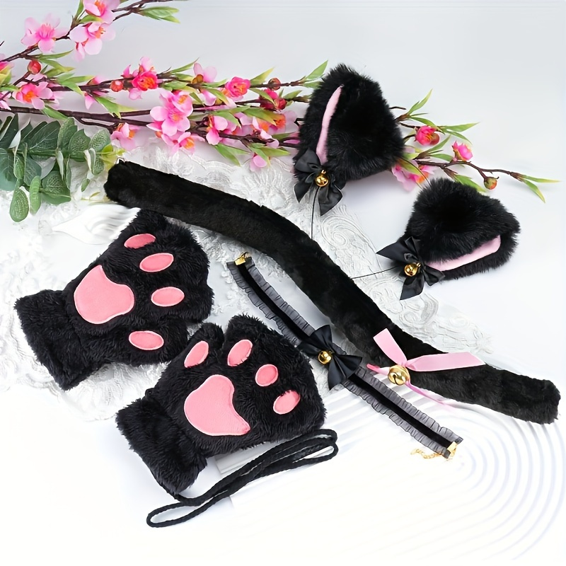 AliExpress 5Pcs Sets Cat Paw Gloves Winter Cute Cartoon Girl Open Finger Gloves Bell Headband Fox Cat Ear Headwear