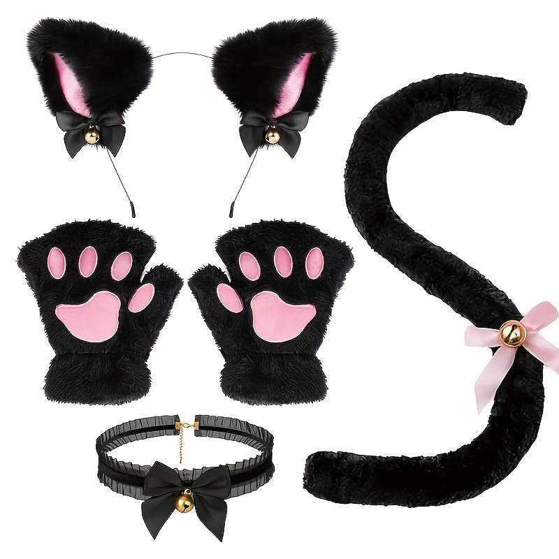 AliExpress 5Pcs Sets Cat Paw Gloves Winter Cute Cartoon Girl Open Finger Gloves Bell Headband Fox Cat Ear Headwear, view 2