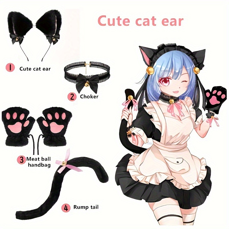AliExpress 5Pcs Sets Cat Paw Gloves Winter Cute Cartoon Girl Open Finger Gloves Bell Headband Fox Cat Ear Headwear, view 4