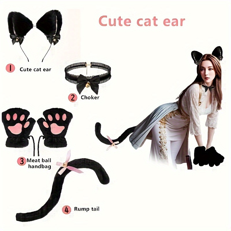 AliExpress 5Pcs Sets Cat Paw Gloves Winter Cute Cartoon Girl Open Finger Gloves Bell Headband Fox Cat Ear Headwear, view 6