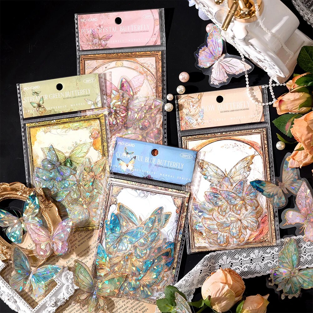 AliExpress 5Style 20pcs/pack INS Butterfly PET Sticker Pack Ice Crystal Laser Gold DIY Handbook Decoration 3D Scrapbook, view 2