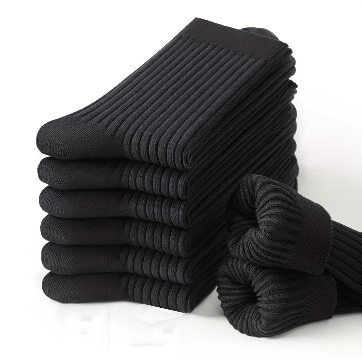 AliExpress 6 Pairs of Men's Solid Color Vertical Stripe Mid-Calf Socks, Business Style, Versatile for All Seasons, Black Socks, Breathable