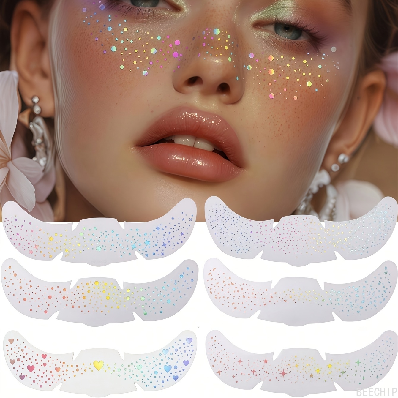AliExpress 6 Sheets Glitter Freckles Holographic Stickers Heart Freckle Tattoos Glitter Stickers Waterproof Temp Tattoos, view 2