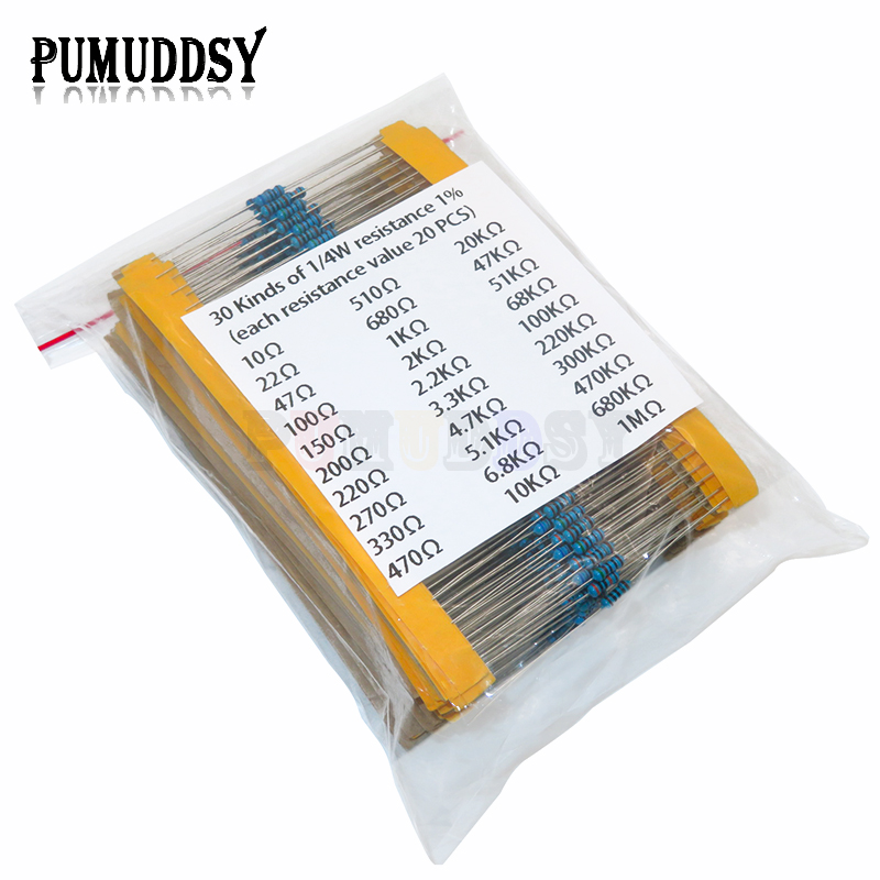 AliExpress 600pcs/set 30 Kinds 1/4W Resistance 1% Metal Film Resistor Pack Assorted Kit 1K 10K 100K 220ohm 1M Resistors 300pcs/set
