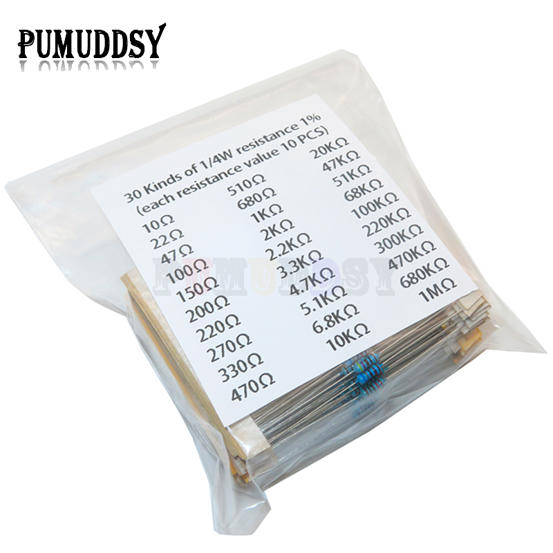 AliExpress 600pcs/set 30 Kinds 1/4W Resistance 1% Metal Film Resistor Pack Assorted Kit 1K 10K 100K 220ohm 1M Resistors 300pcs/set, view 2