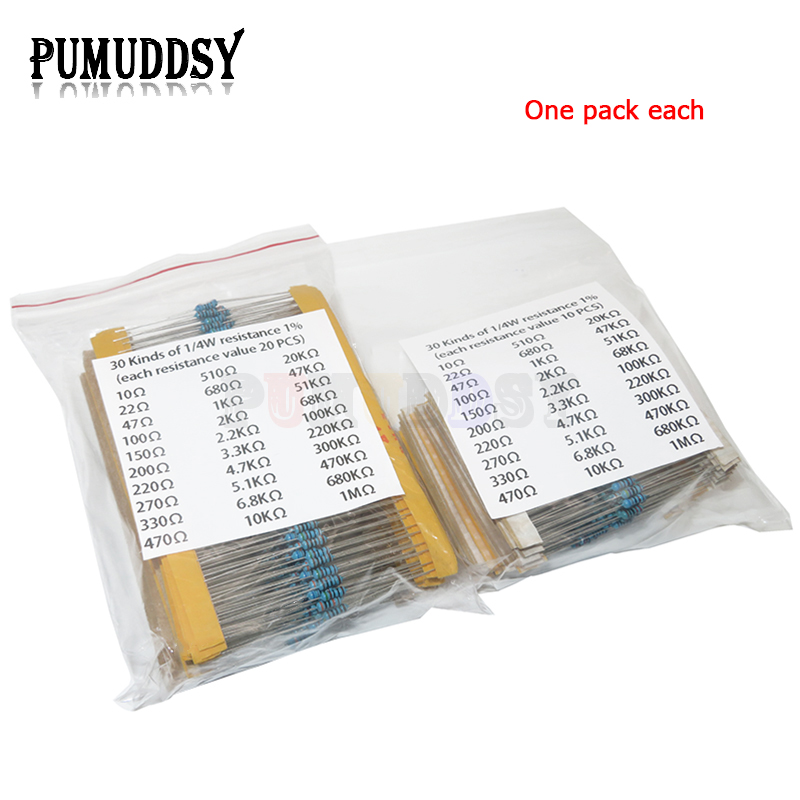 AliExpress 600pcs/set 30 Kinds 1/4W Resistance 1% Metal Film Resistor Pack Assorted Kit 1K 10K 100K 220ohm 1M Resistors 300pcs/set, view 3
