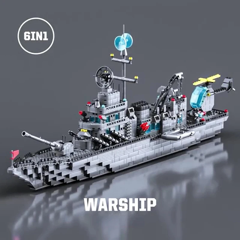 AliExpress 65.5CM 6 IN 1 Military Navy Ship Sets Building Blocks War Army Boat Plane Model Toys for Boys Bricks Toys Christmas Gifts, view 5