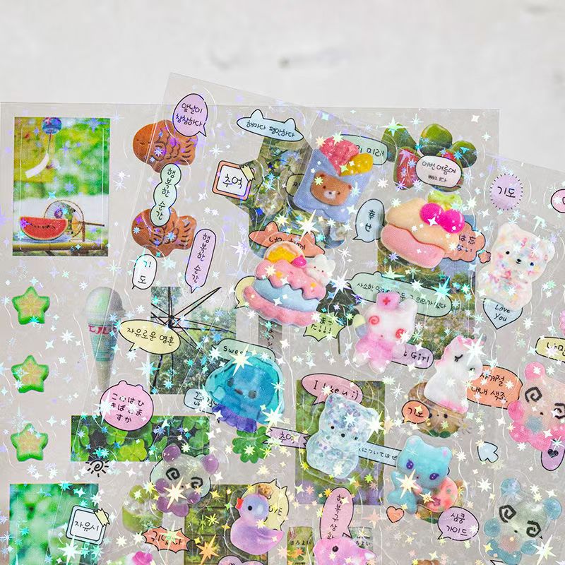 AliExpress 6pcs Glitter Stickers Y2K DIY Toploader Scrapbooking Journal Decor Stickers for Phone Kawaii Transparent PET Stickers Gift, view 3