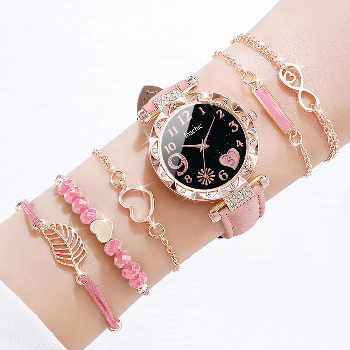 AliExpress Women's Heart Dial Watch Set with Leaf Bracelets, view 6