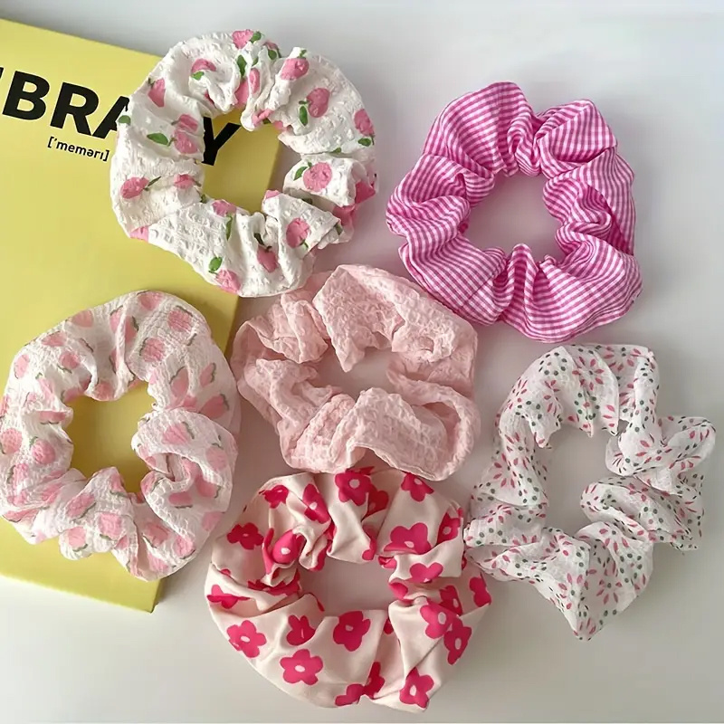 AliExpress 6-Piece Pink Peach Blossom Check Scrunchies, view 2