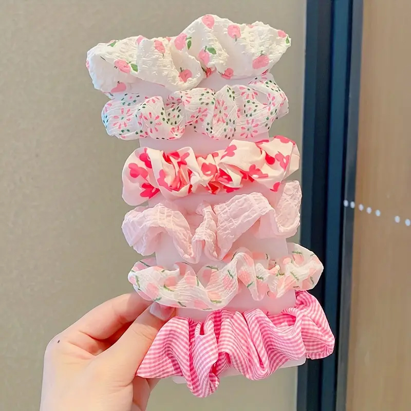 AliExpress 6-Piece Pink Peach Blossom Check Scrunchies, view 3