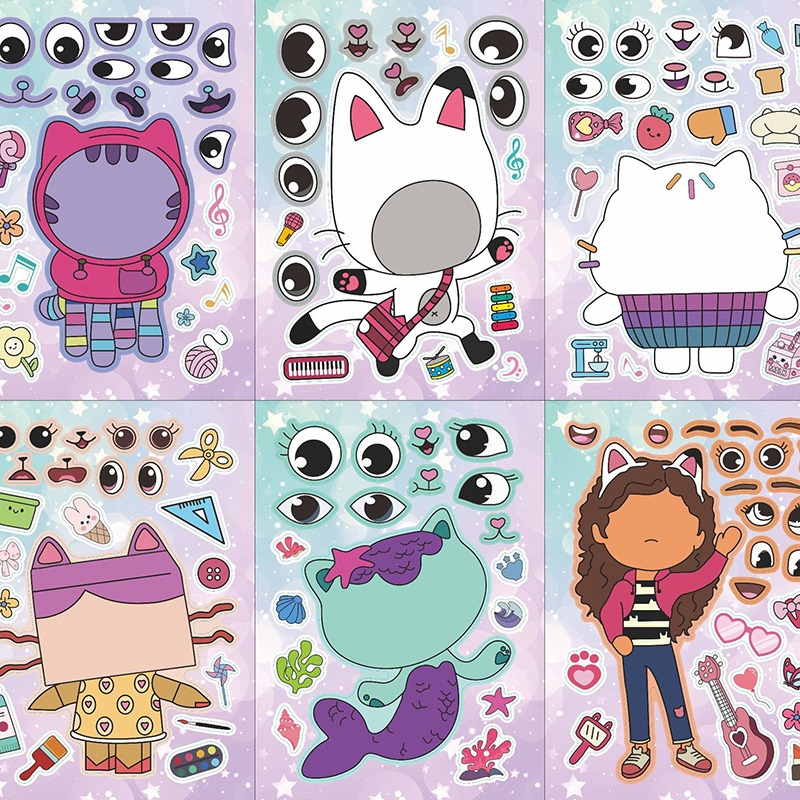 AliExpress 6Sheets Gabby's Dollhouse Make A Face Puzzle Stickers Cartoon Parent-child Interactive Puzzle Ledger DIY Face Stickers