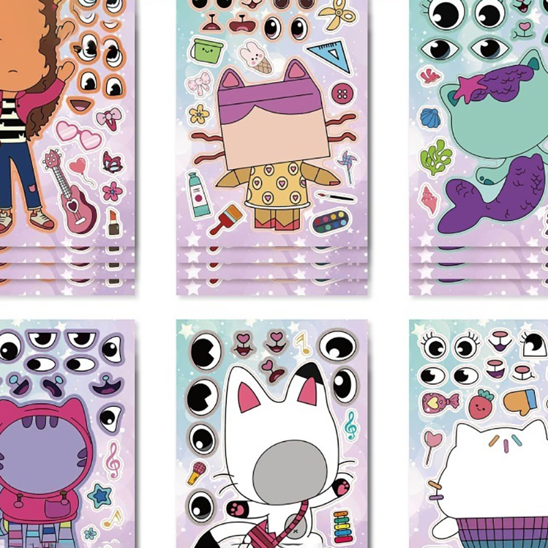 AliExpress 6Sheets Gabby's Dollhouse Make A Face Puzzle Stickers Cartoon Parent-child Interactive Puzzle Ledger DIY Face Stickers, view 2