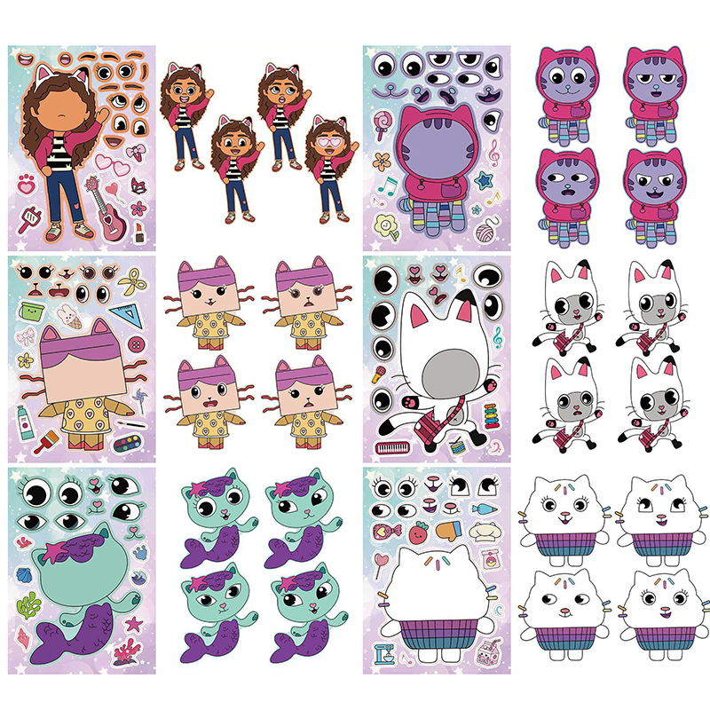 AliExpress 6Sheets Gabby's Dollhouse Make A Face Puzzle Stickers Cartoon Parent-child Interactive Puzzle Ledger DIY Face Stickers, view 3