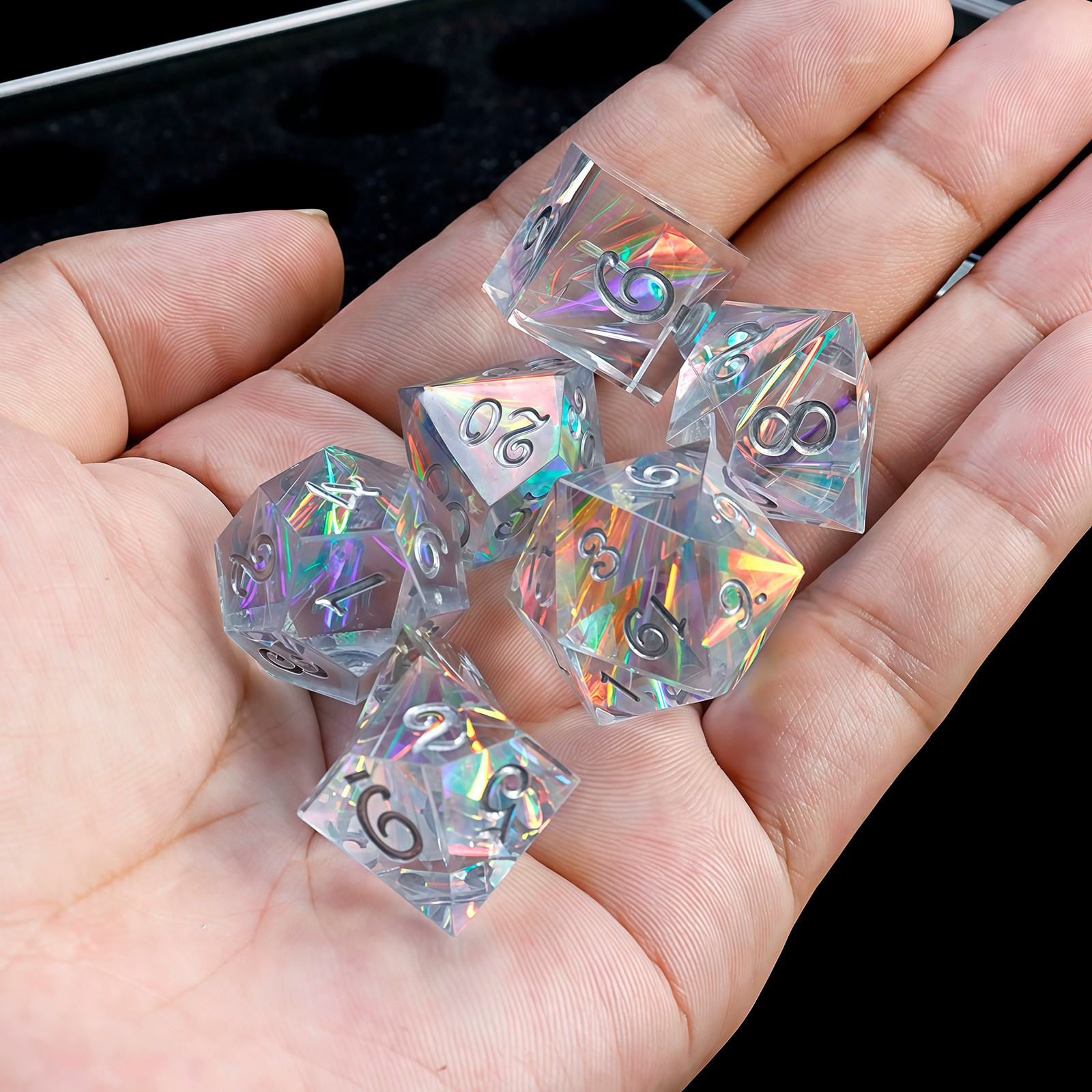 AliExpress 7-Piece Set of Polyhedral Transparent Resin Dice Refracting Multiple Colors of Light For Board Games, view 4