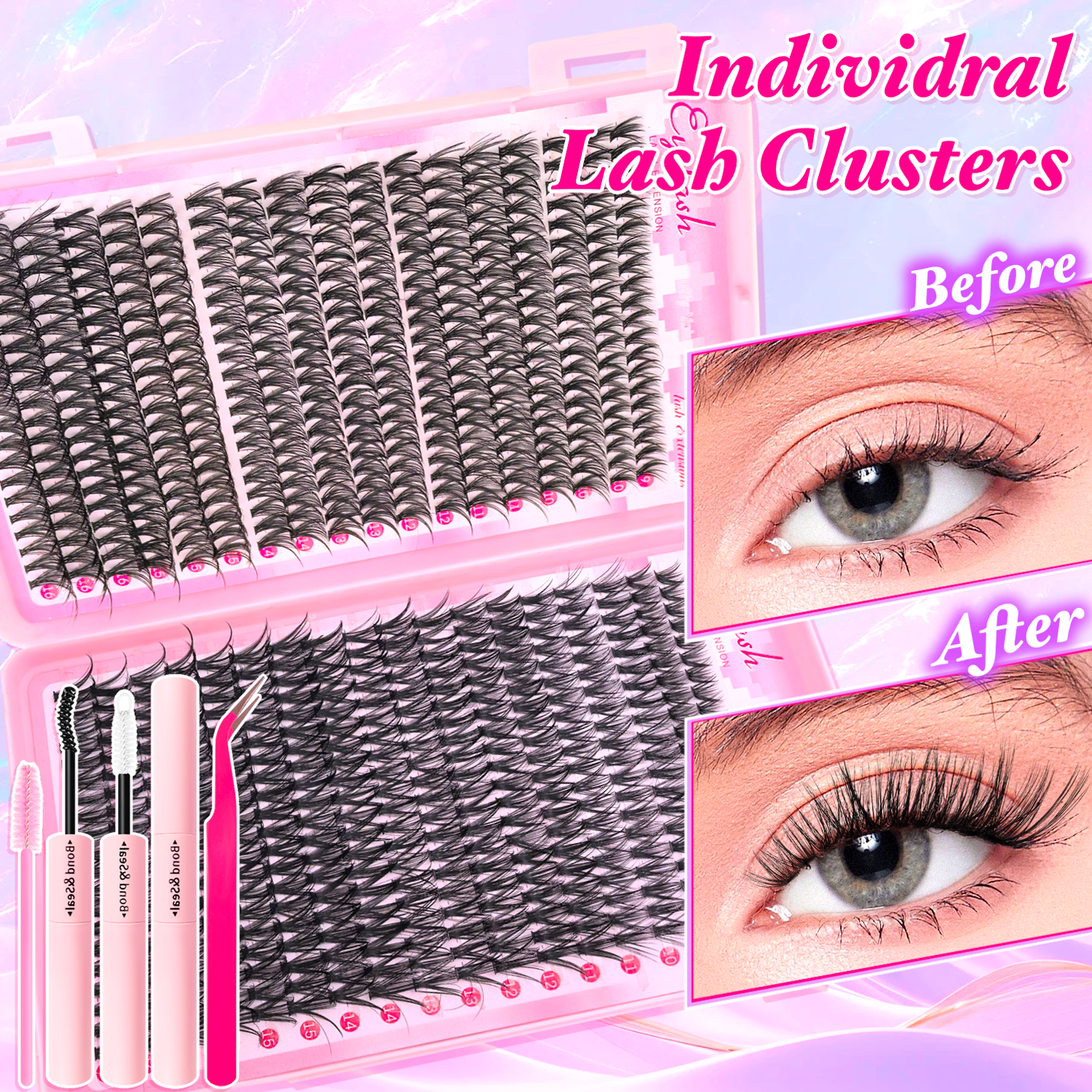 AliExpress 720/200pcs Eyelash Extension Kit Fluffy Eyelash Extension Kit with Lash Bond and Seal Lash Tweezers Thick Lash Clusters Wispy, view 2