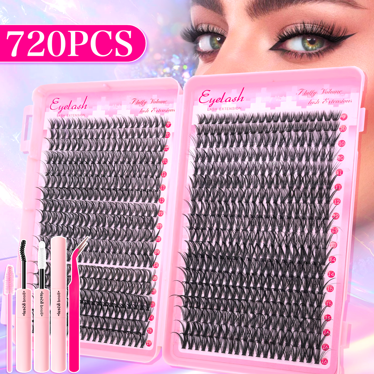 AliExpress 720/200pcs Eyelash Extension Kit Fluffy Eyelash Extension Kit with Lash Bond and Seal Lash Tweezers Thick Lash Clusters Wispy, view 3