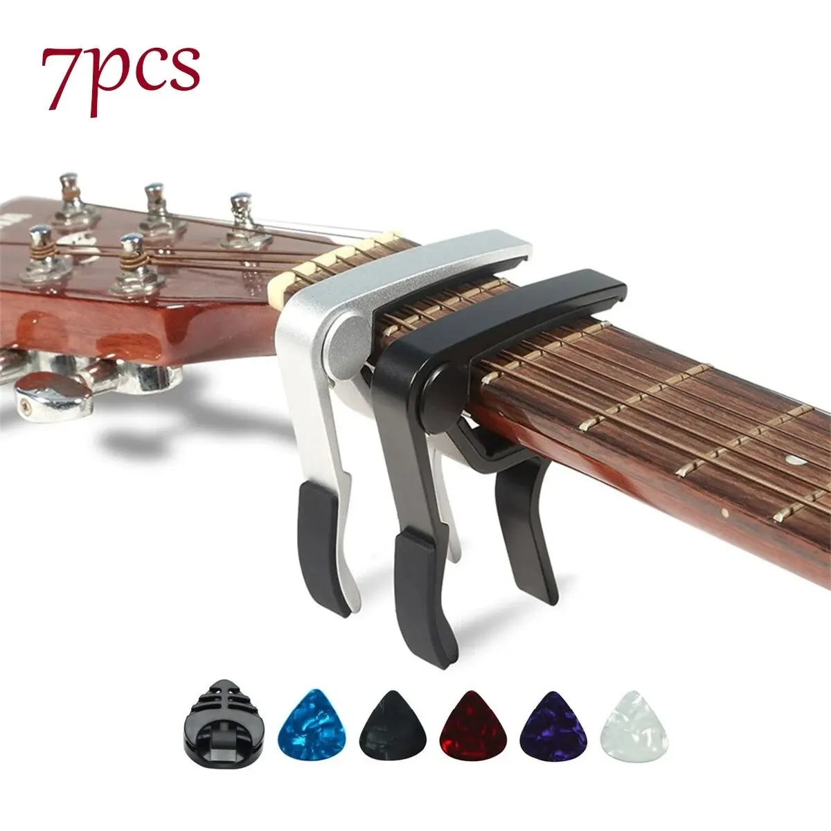 AliExpress 7pcs Guitar Capo for Acoustic And Electric Guitars With 5 Picks for Free And 1 Holder,Black; Silver