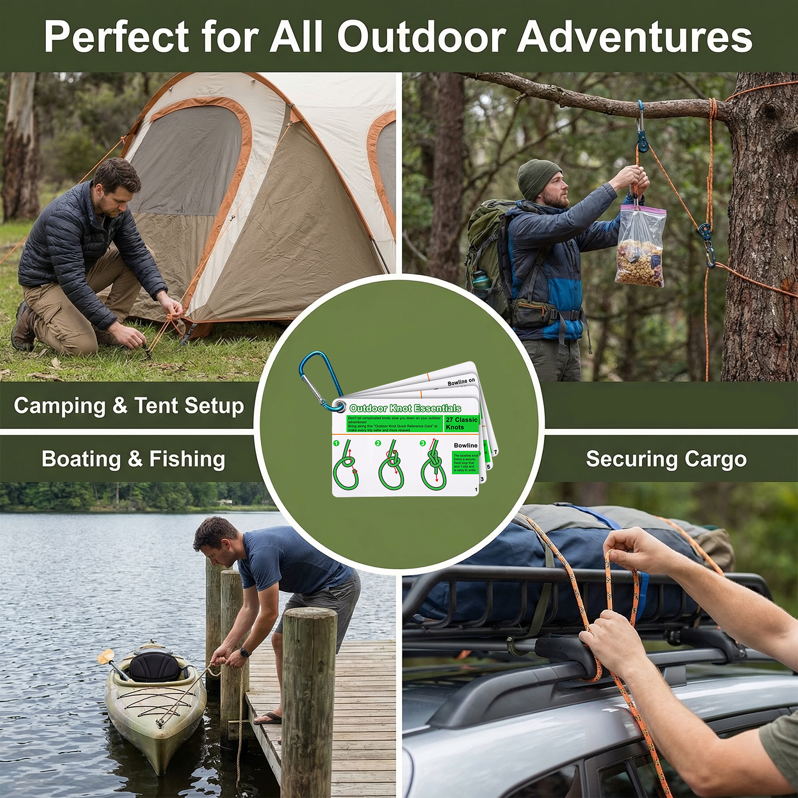 AliExpress 7PCS/SET Outdoor Knot Essentials Cards 27 Classic Knots Guide with Mini Carabiner, Durable Pocket Reference for Camping Backpack, view 3