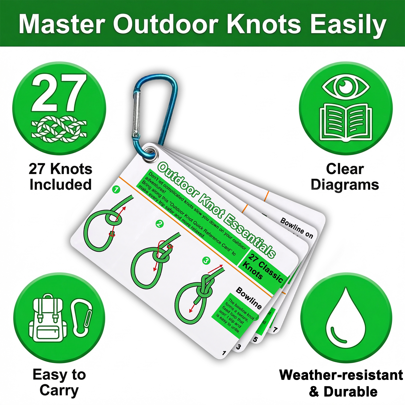 AliExpress 7PCS/SET Outdoor Knot Essentials Cards 27 Classic Knots Guide with Mini Carabiner, Durable Pocket Reference for Camping Backpack, view 4