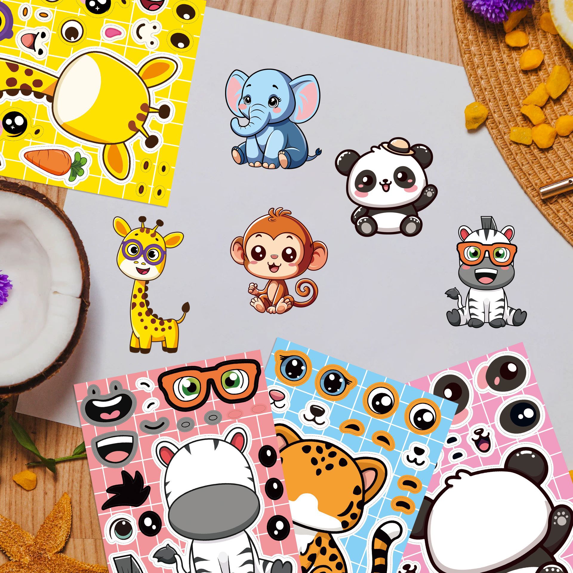 AliExpress 8/16/24PCS Cartoon Animal Puzzle Stickers Make a Face Cartoon Decals Stationery Notebook Phone Laptop Decoration Stickers, view 2