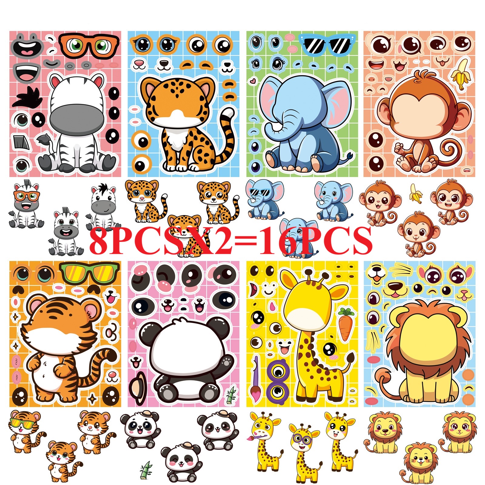 AliExpress 8/16/24PCS Cartoon Animal Puzzle Stickers Make a Face Cartoon Decals Stationery Notebook Phone Laptop Decoration Stickers, view 5