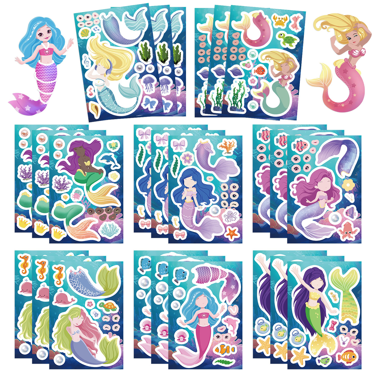 AliExpress 8/16/24pcs Cute Mermaid Princess Puzzle Stickers Make a Face Children DIY Toys Assemble Sticker Party Favor Gifts, view 2