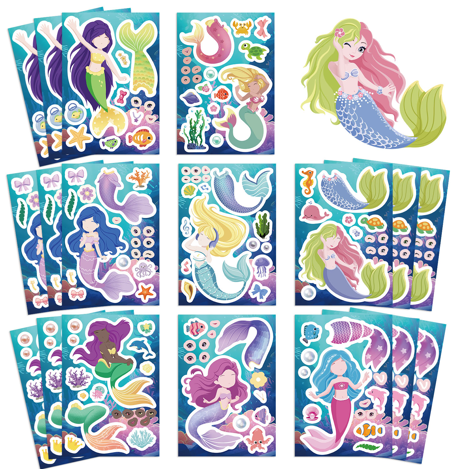 AliExpress 8/16/24pcs Cute Mermaid Princess Puzzle Stickers Make a Face Children DIY Toys Assemble Sticker Party Favor Gifts, view 3