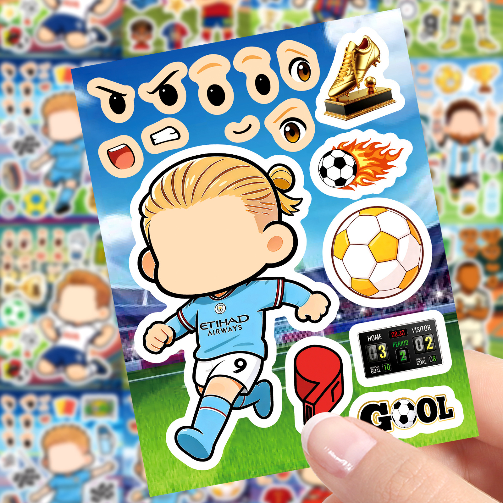 AliExpress 8/16 Pcs Cartoon Little Soccer Player Make A Face Stickers, Educational DIY for Cup Diary Helmet Skate Storage Box Decals, view 3