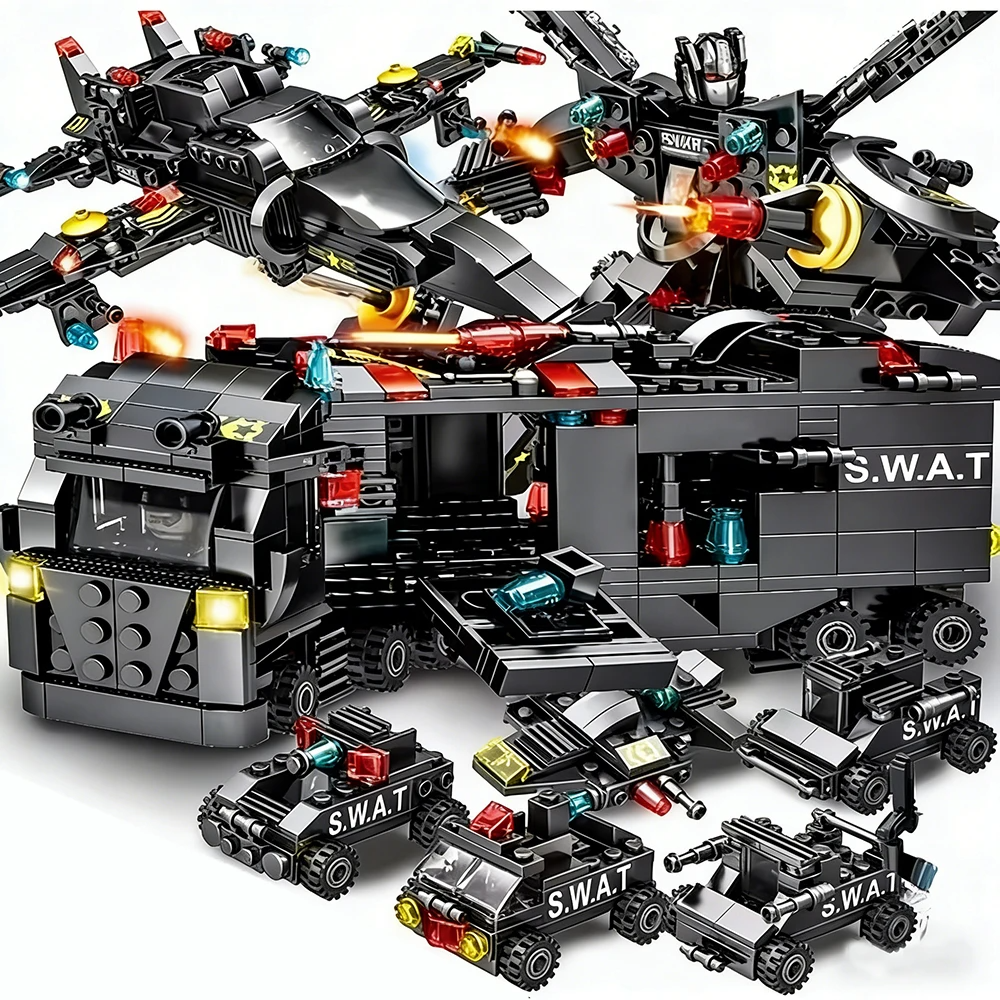 AliExpress 8-in-1 SWAT 585-Piece Set: Police Command Truck and City Helicopter Building Block Kit – Educational Gift Toys