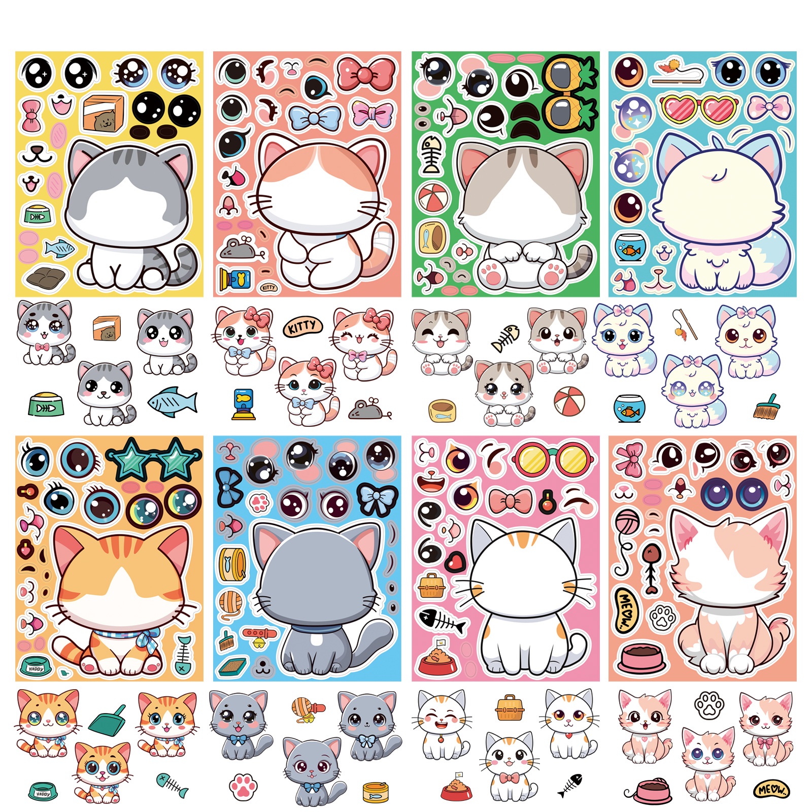 AliExpress 8 Sheets/Pack Cat Face Changing Stickers DIY Cartoon Decals Phone Laptop Luggage Refrigerator Decorative Stickers, view 2