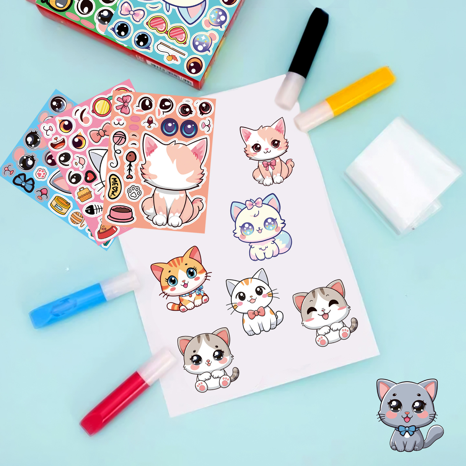 AliExpress 8 Sheets/Pack Cat Face Changing Stickers DIY Cartoon Decals Phone Laptop Luggage Refrigerator Decorative Stickers, view 4