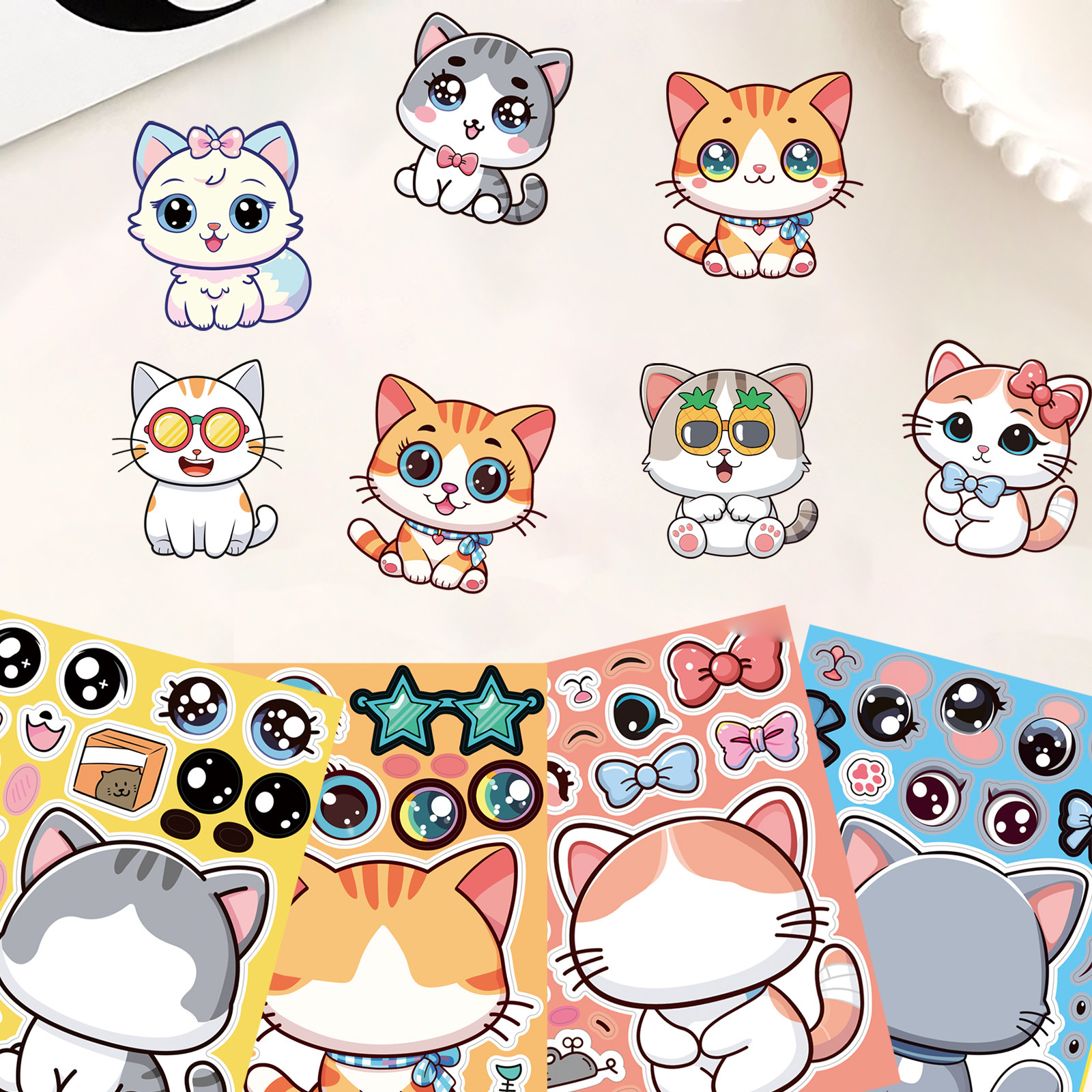 AliExpress 8 Sheets/Pack Cat Face Changing Stickers DIY Cartoon Decals Phone Laptop Luggage Refrigerator Decorative Stickers, view 5