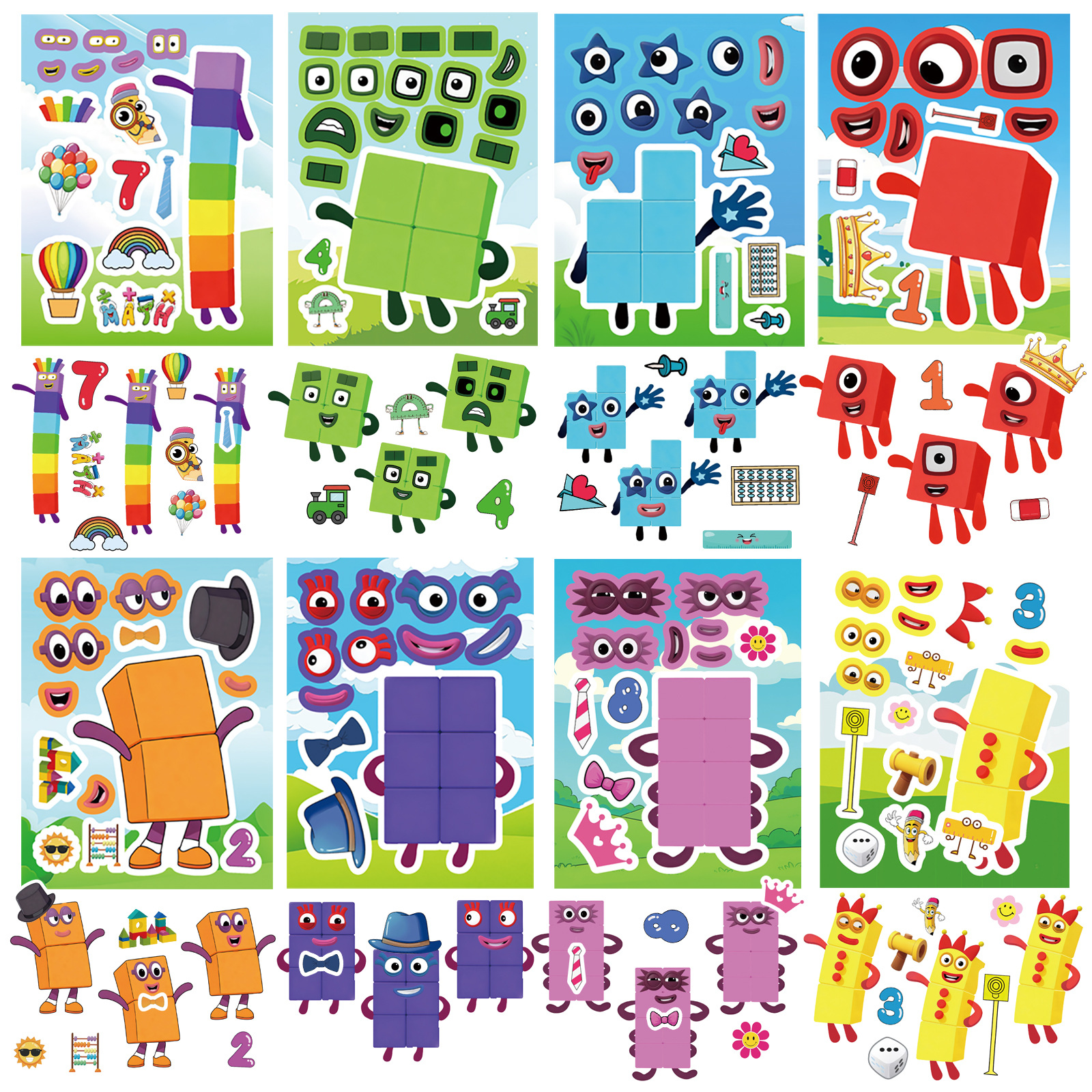 AliExpress 8Sheets Digital Building Blocks Cute Puzzle Stickers Cartoon Building Blocks  Stationery Decor DIY Face Stickers, view 2