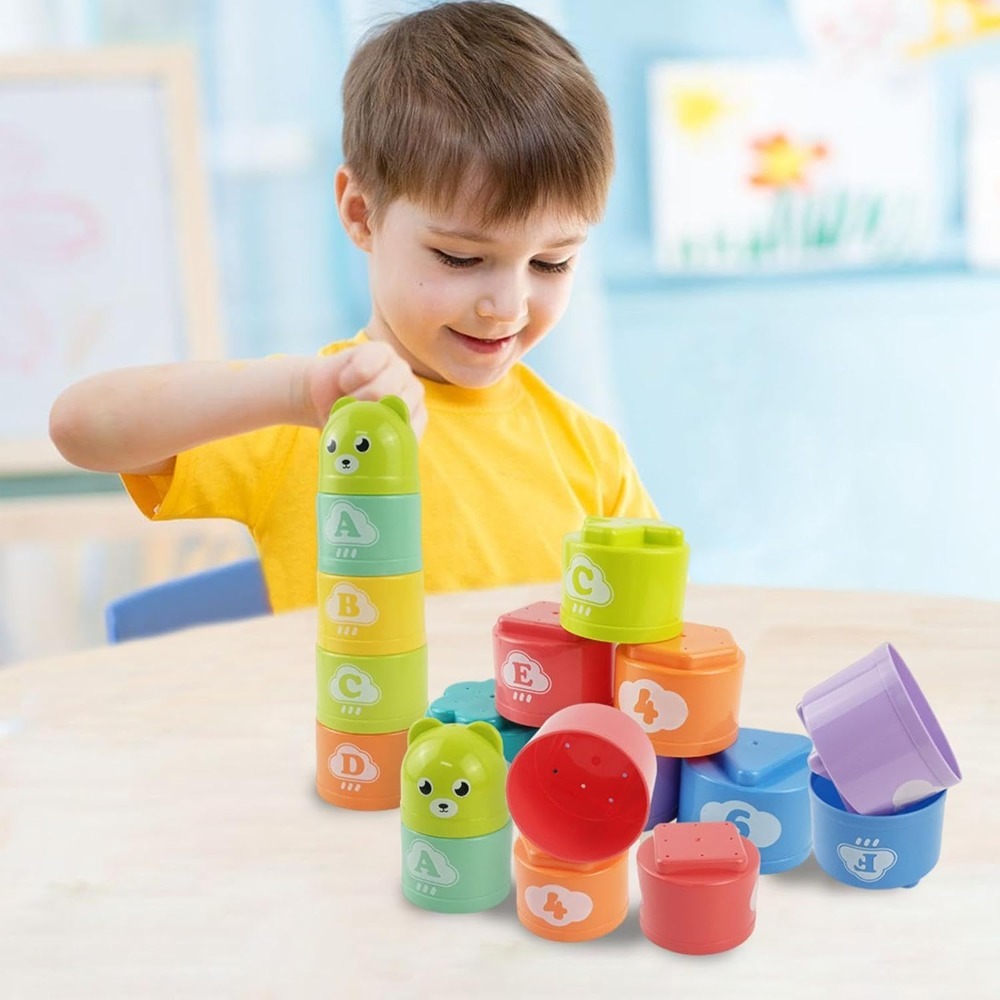 AliExpress 9PCS Stacking Cups Early Education Puzzle Stackable Rainbow Tower with Numbers Letters Shapes Fold Cup Child Stack Game, view 2