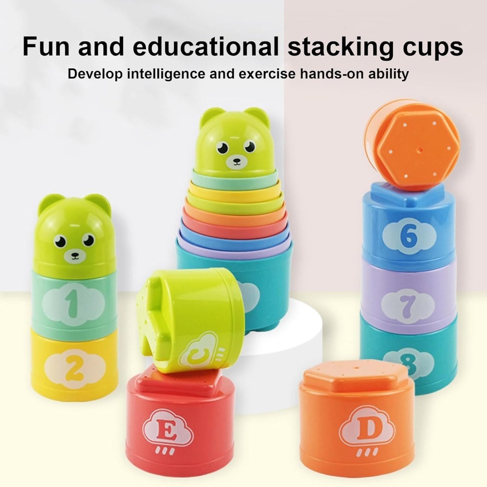AliExpress 9PCS Stacking Cups Early Education Puzzle Stackable Rainbow Tower with Numbers Letters Shapes Fold Cup Child Stack Game, view 3