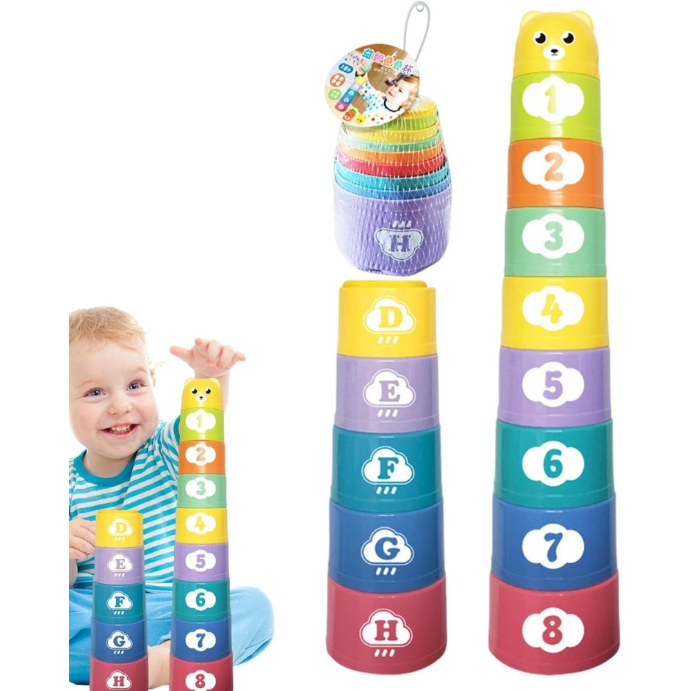AliExpress 9PCS Stacking Cups Early Education Puzzle Stackable Rainbow Tower with Numbers Letters Shapes Fold Cup Child Stack Game, view 4