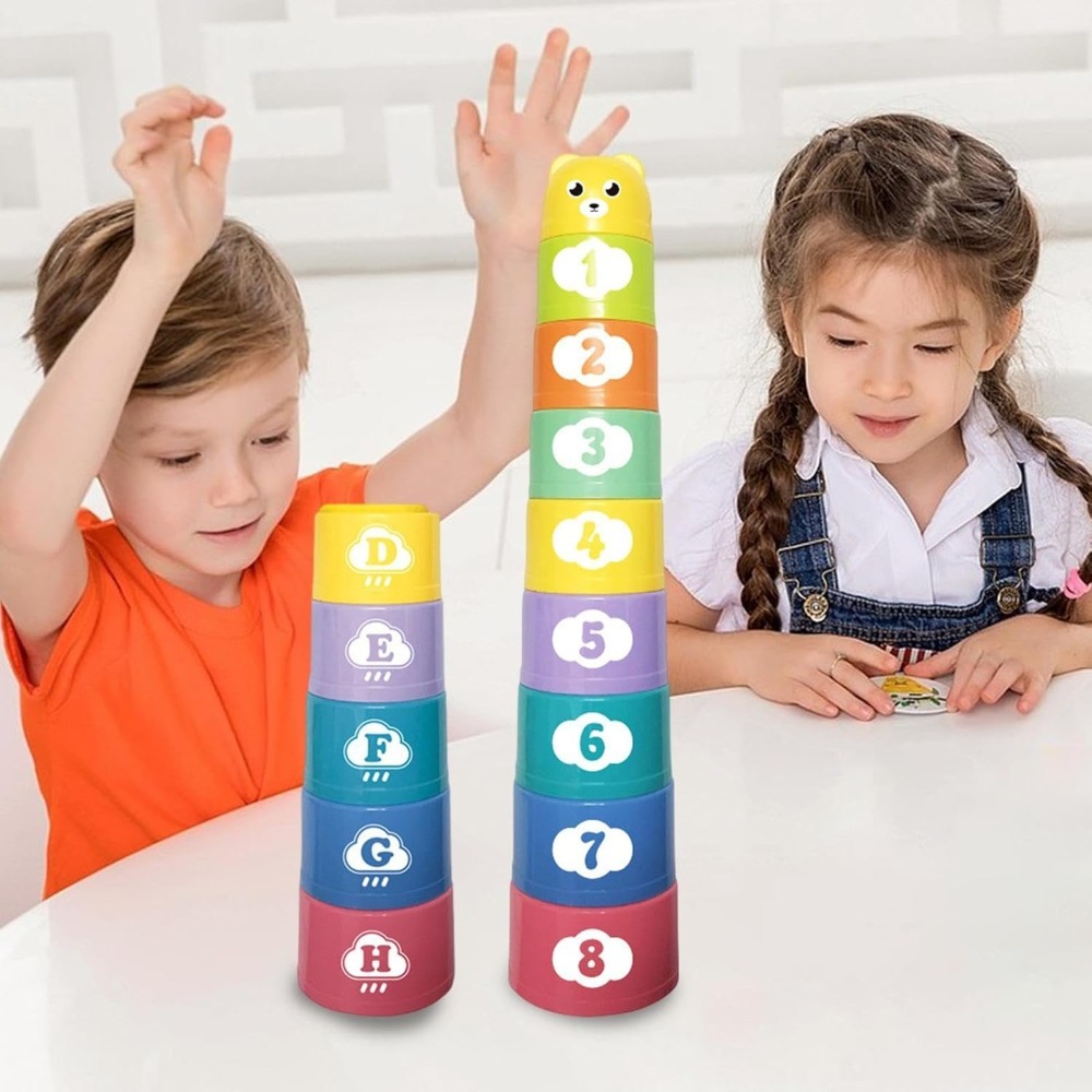AliExpress 9PCS Stacking Cups Early Education Puzzle Stackable Rainbow Tower with Numbers Letters Shapes Fold Cup Child Stack Game, view 5