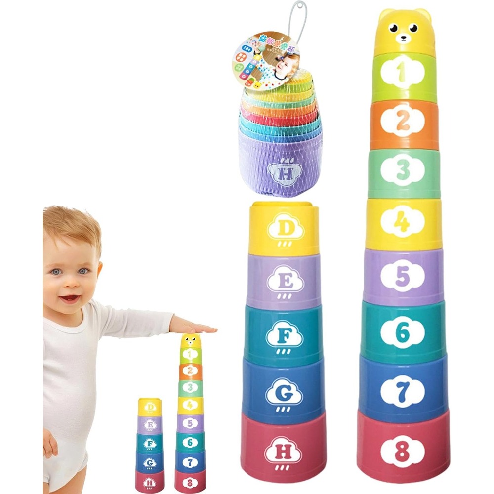 AliExpress 9PCS Stacking Cups Early Education Puzzle Stackable Rainbow Tower with Numbers Letters Shapes Fold Cup Child Stack Game, view 6